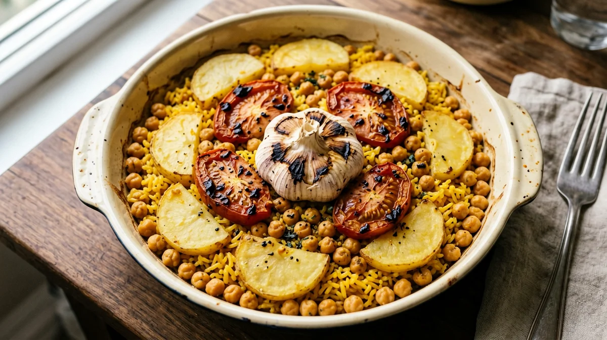 Arroz al horno leggero con ceci e verdure