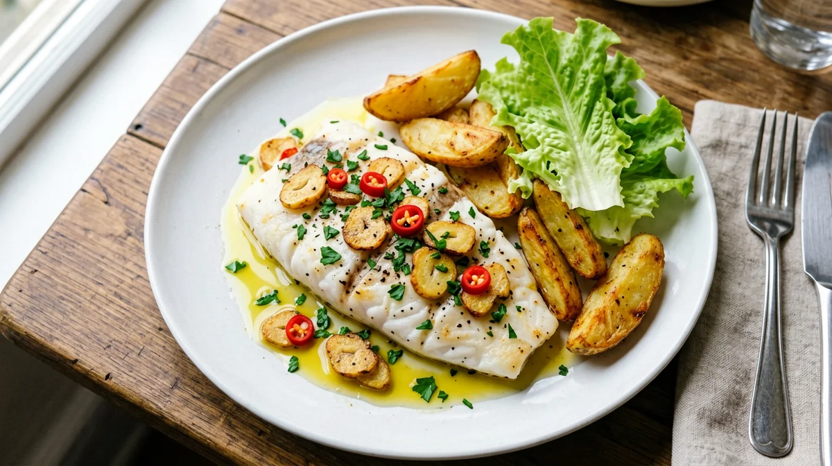 Cod a la bilbaína with roast potatoes