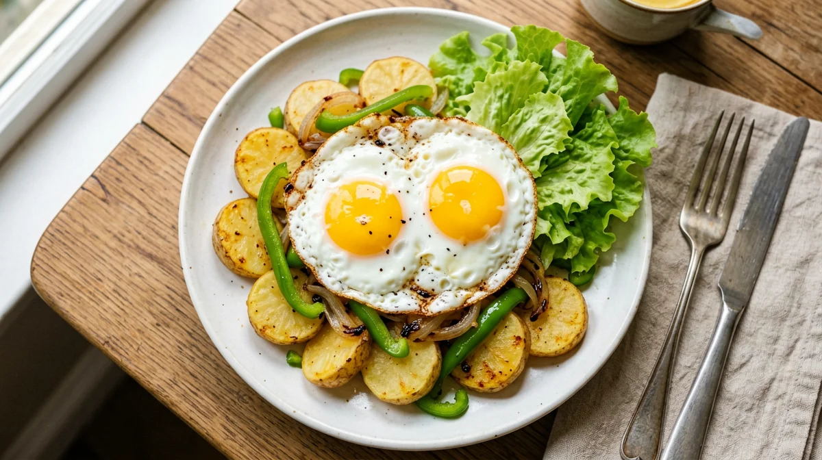 Light patatas a lo pobre with baked eggs and salad