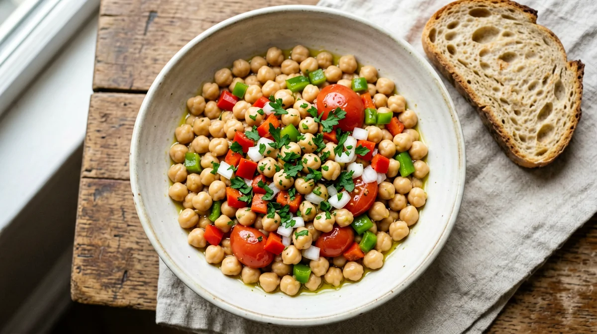 Ensalada de garbanzos con peperoni, cipolla e prezzemolo