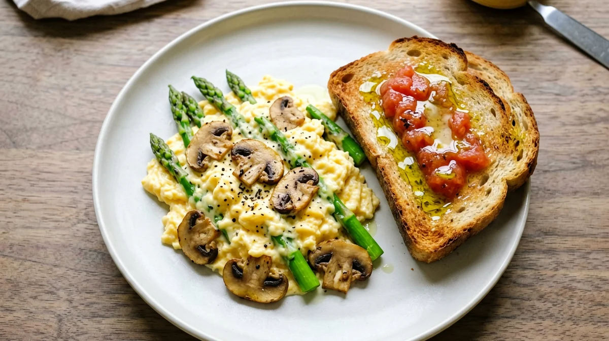 Revuelto di asparagi e funghi con pane e pomodoro