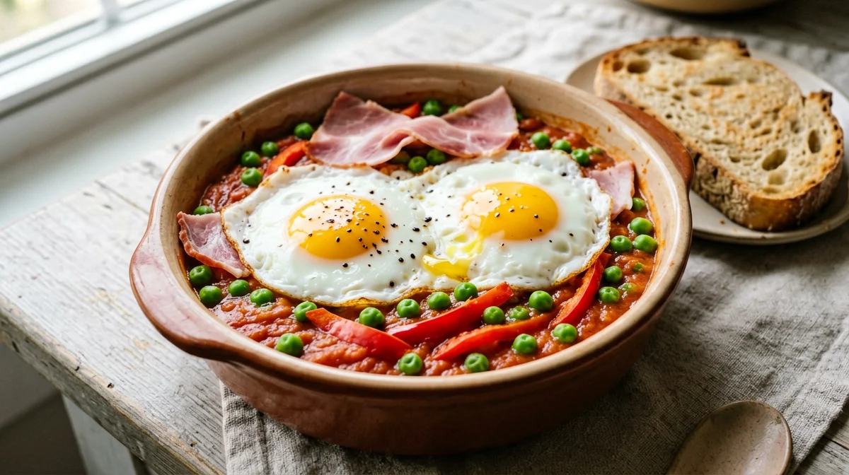 Huevos a la flamenca leggere con piselli e prosciutto crudo