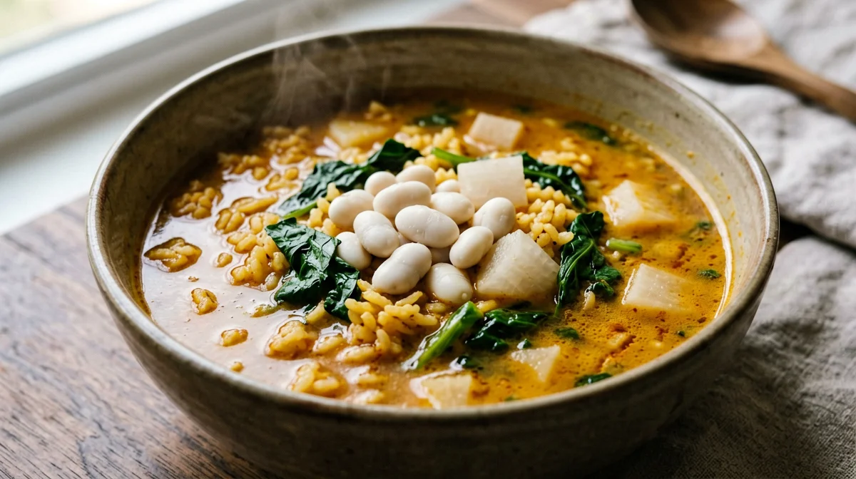 Brothy rice with vegetables, beans and turnips