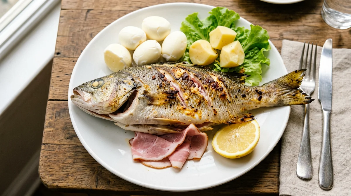 Light trout a la navarra with cured ham and potatoes