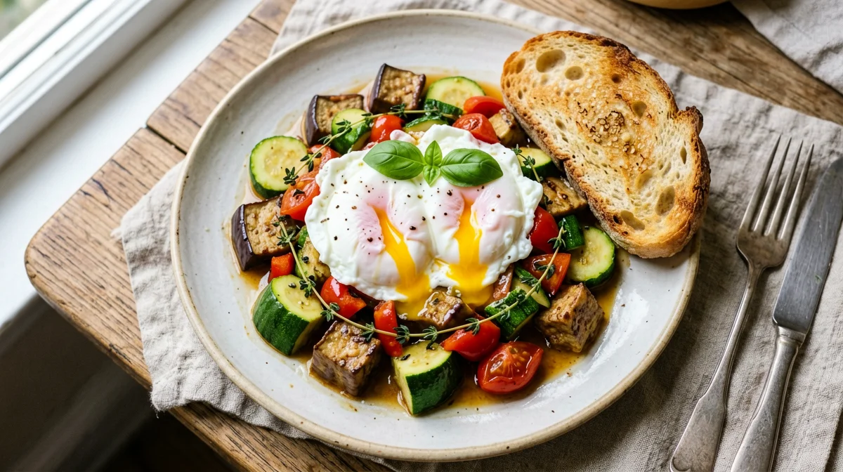 Ratatouille con uova in camicia e pane di campagna