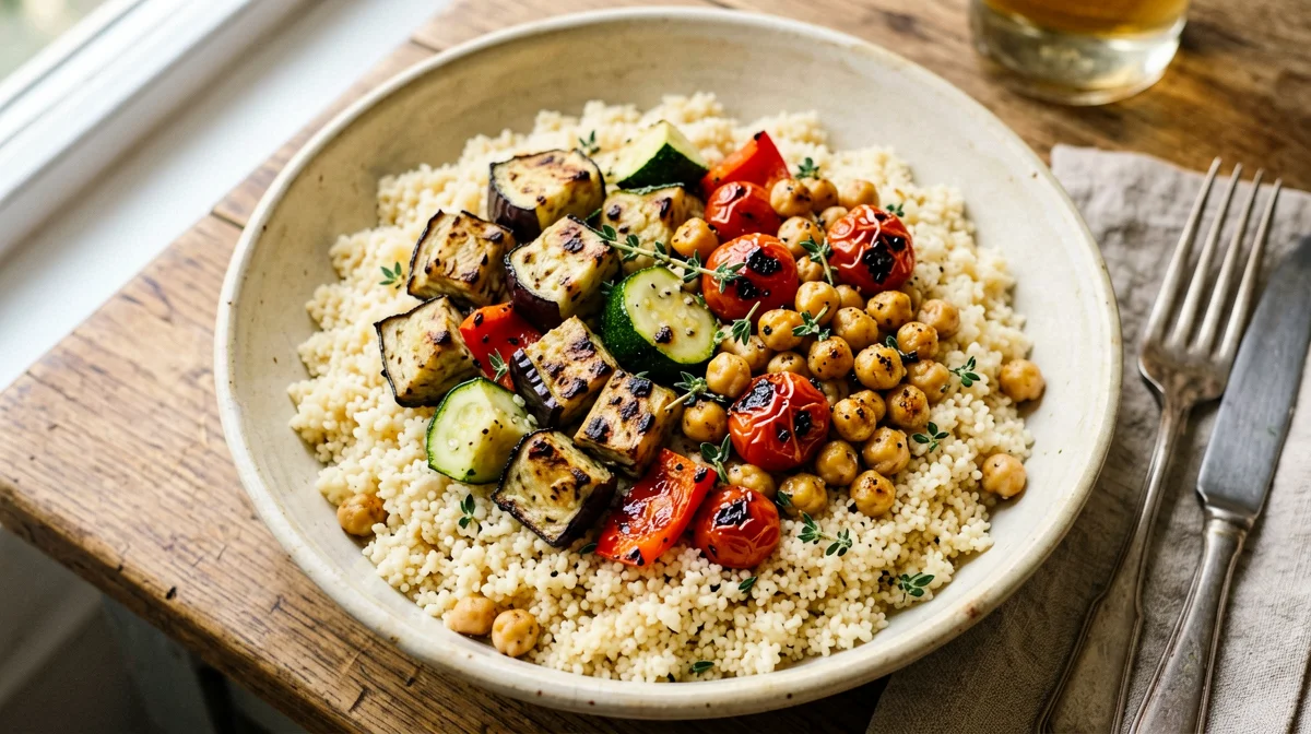 Baked ratatouille with chickpeas and couscous
