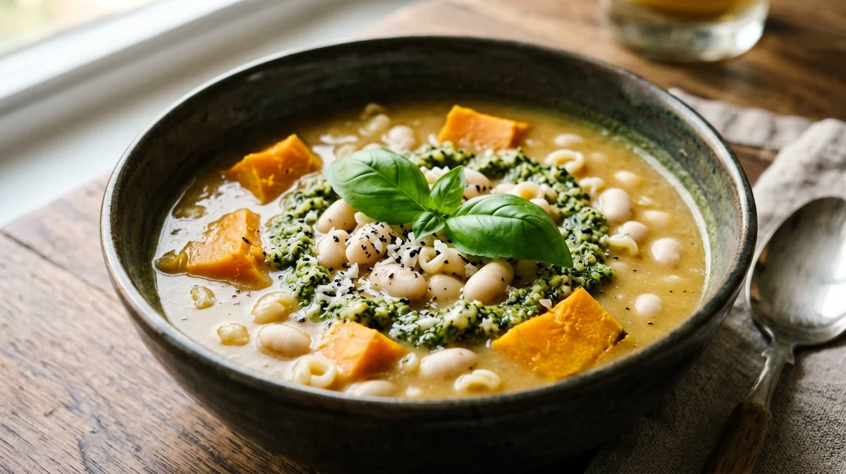 Winter soupe au pistou with pumpkin, leeks and cannellini