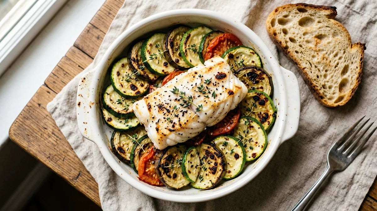 Provençal vegetable tian with cod