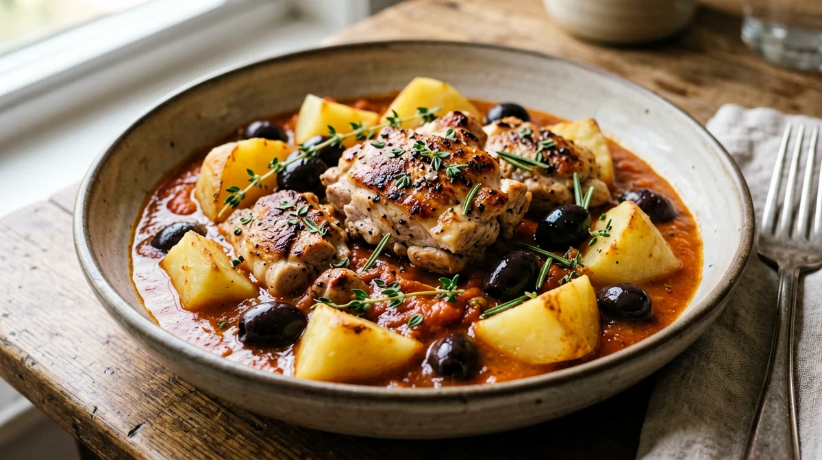 Poulet à la provençale con pomodori, olive e patate