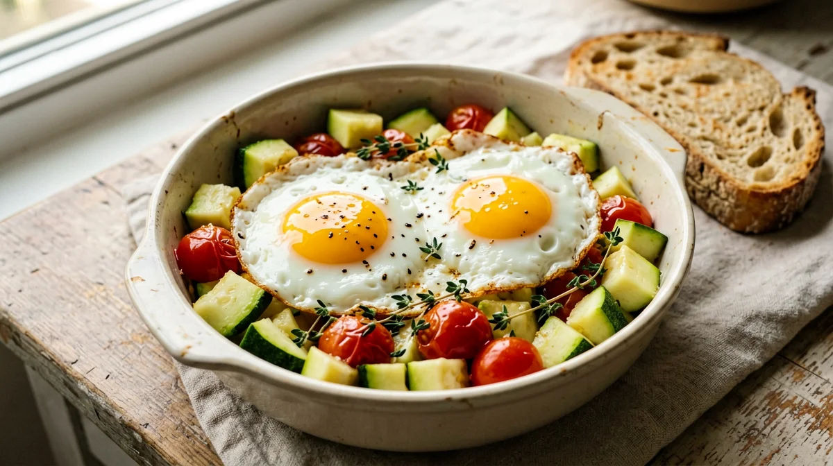 Provençal baked eggs with tomatoes, zucchini and bread