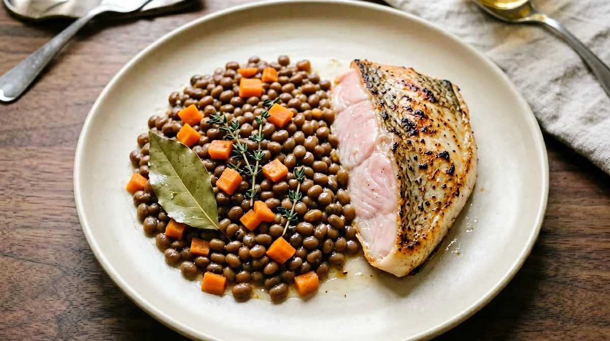 Provençal lentils with baked trout