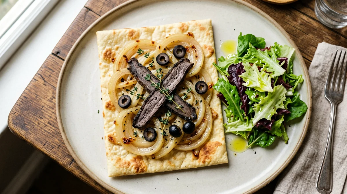 Pissaladière leggera con cipolle, alici e olive e insalata