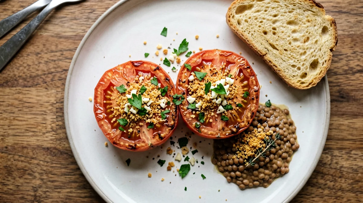 Tomatoes à la provençale with lentils and bread
