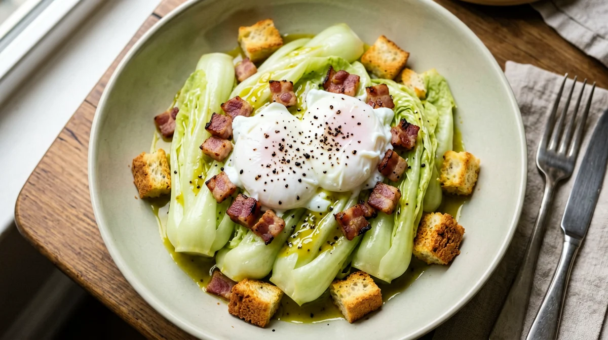 Light Lyonnaise salad with poached egg, escarole and croutons