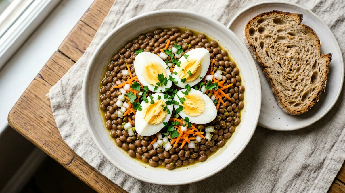 Salade de lentilles con uovo sodo, scalogno e senape