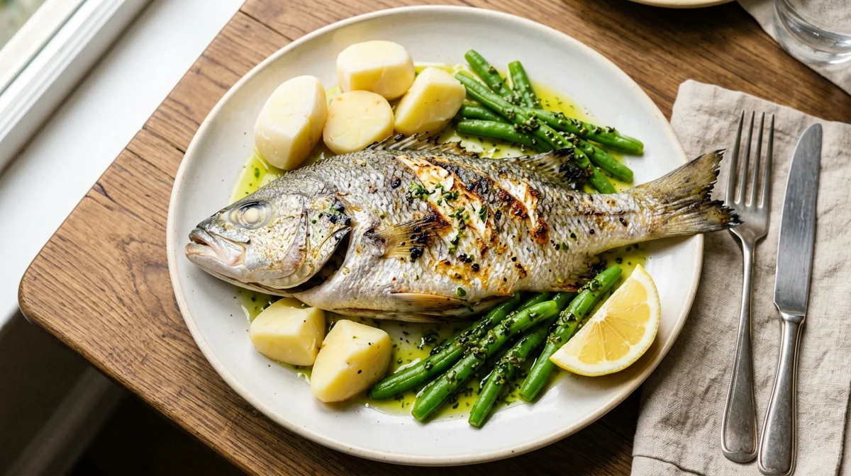Orata al forno con patate, fagiolini e pistou