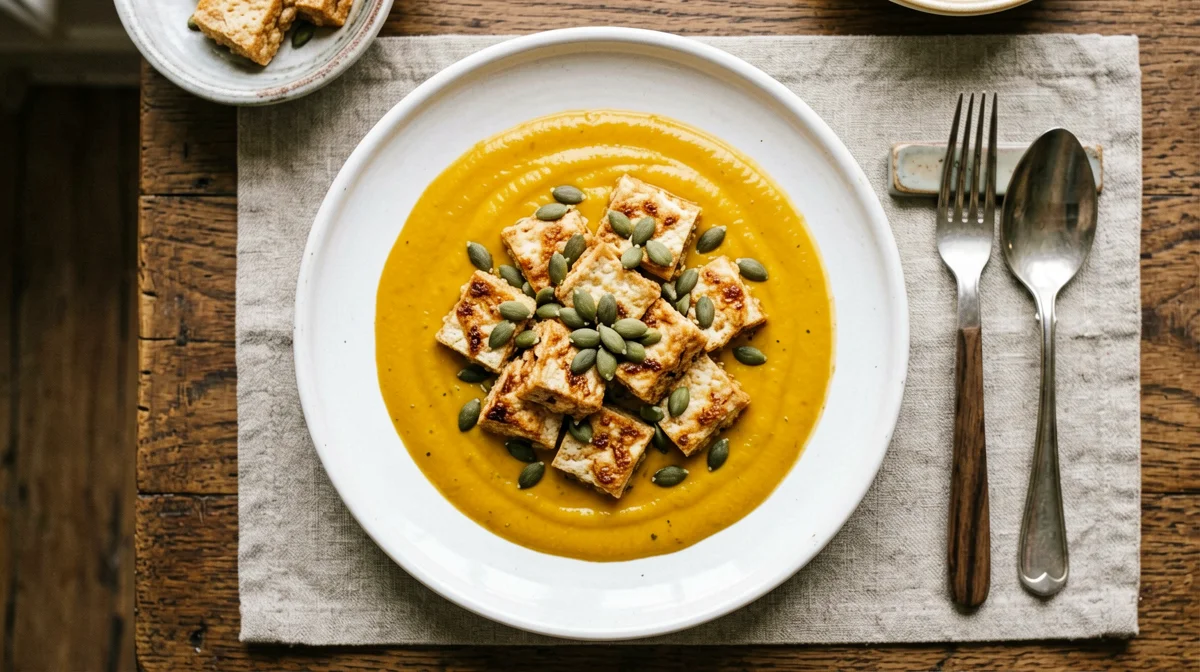 Vellutata di zucca allo zenzero con tofu croccante e semi di zucca