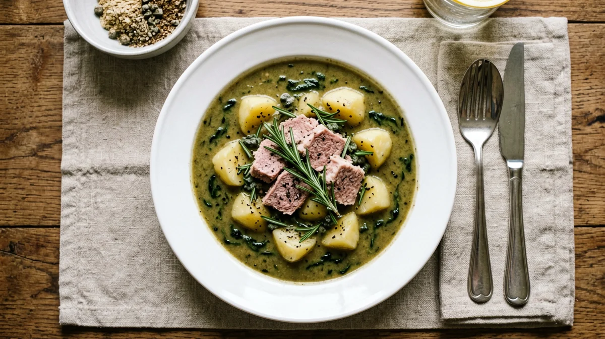 Potato and cavolo nero soup with rosemary seitan