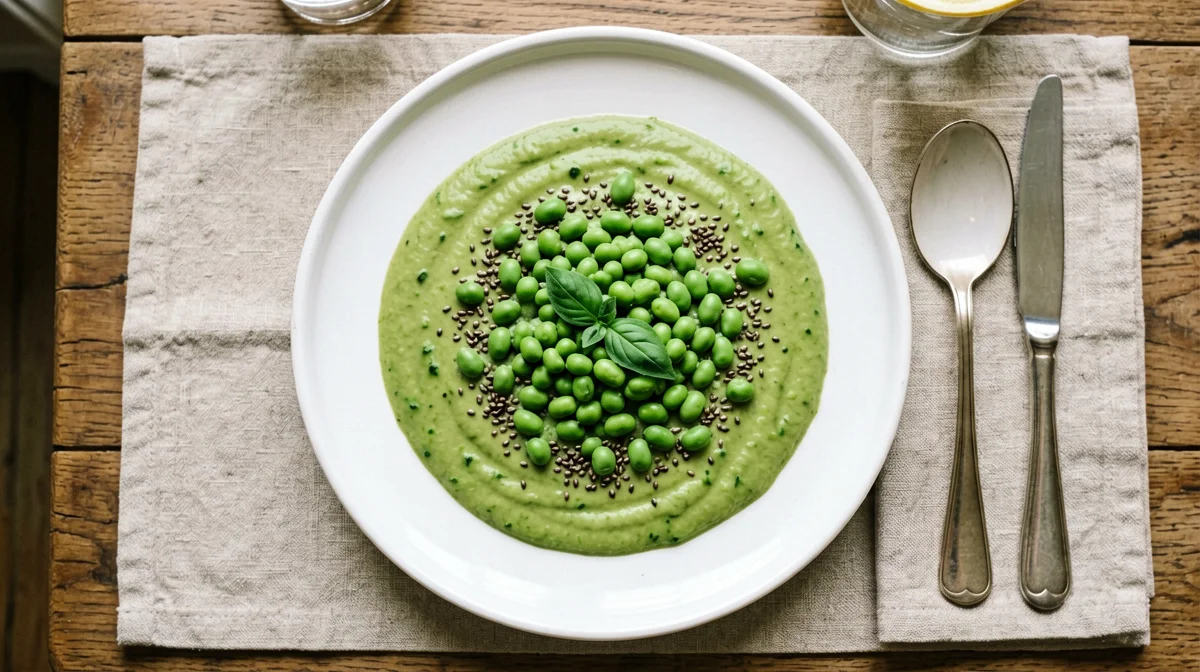 Vellutata di zucchine e basilico con edamame e semi di canapa