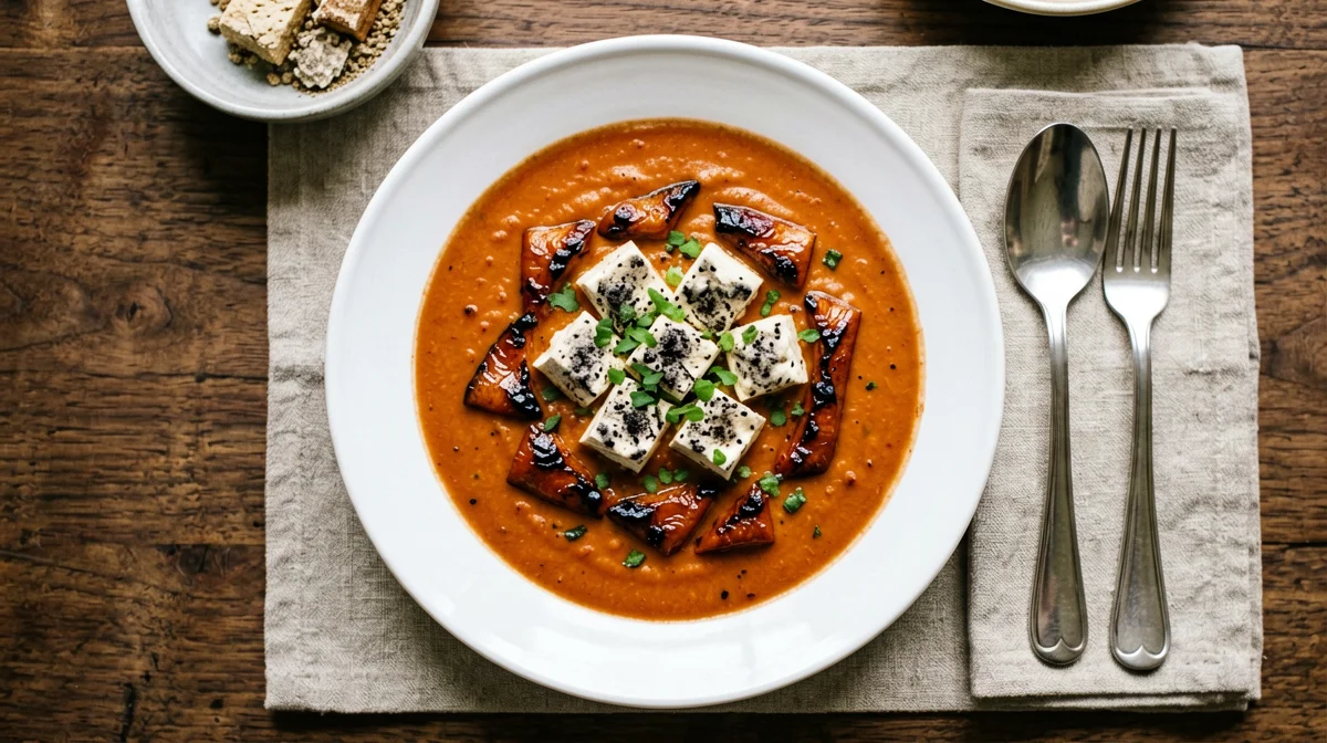 Crema di peperoni arrostiti e pomodoro con tofu affumicato