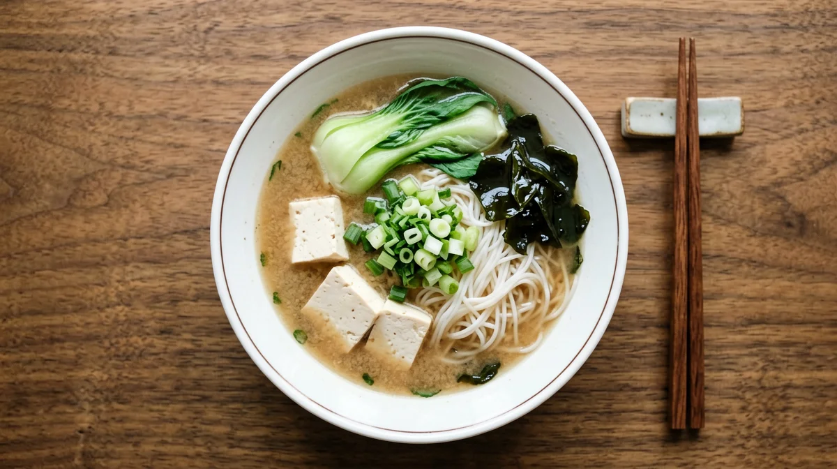 Zuppa di miso con tofu, pak choi, wakame e spaghetti di riso