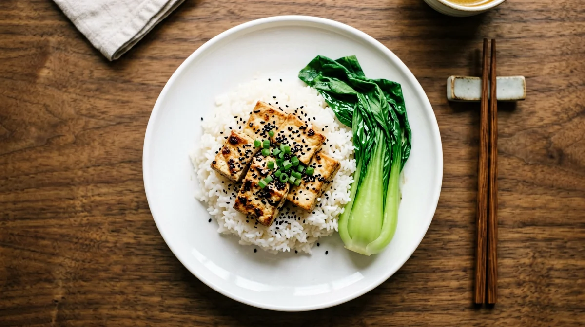 Tofu in crosta di sesamo con riso jasmine e pak choi
