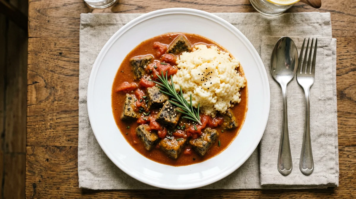 Tempeh in umido al pomodoro con polenta morbida e rosmarino