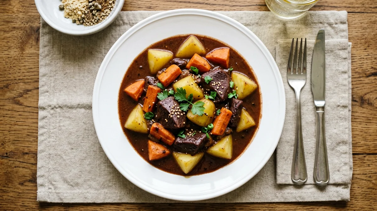 Red wine seitan stew with potatoes and carrots