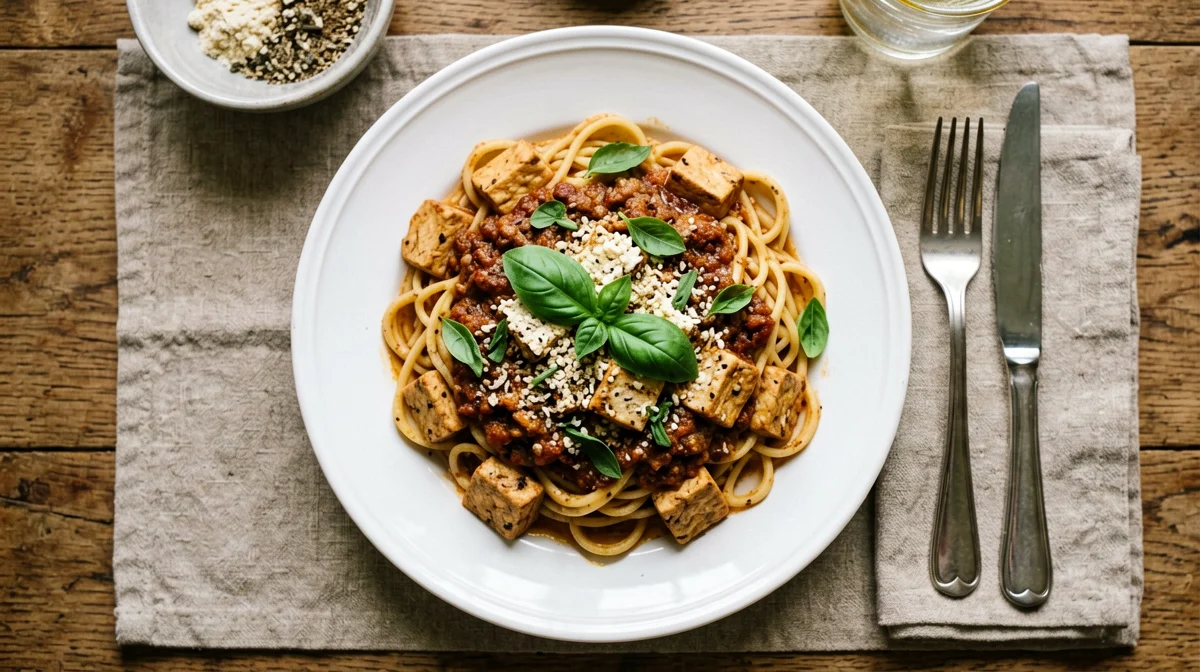 Pasta senza glutine al ragù di tofu e basilico