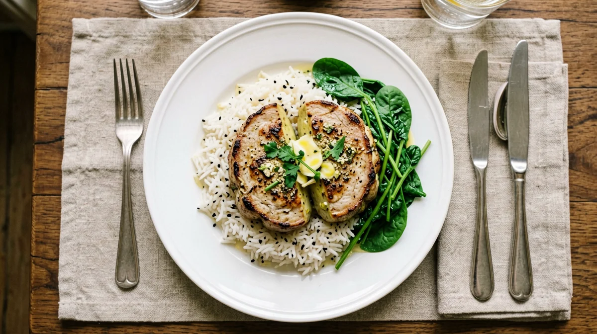 Scaloppine di seitan al limone e capperi con riso basmati e spinaci