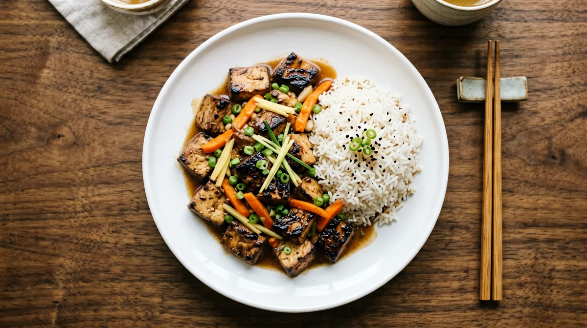 Tofu affumicato saltato con riso basmati, carote e zenzero