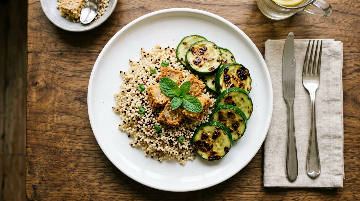 Crispy tempeh with quinoa, grilled courgettes and mint