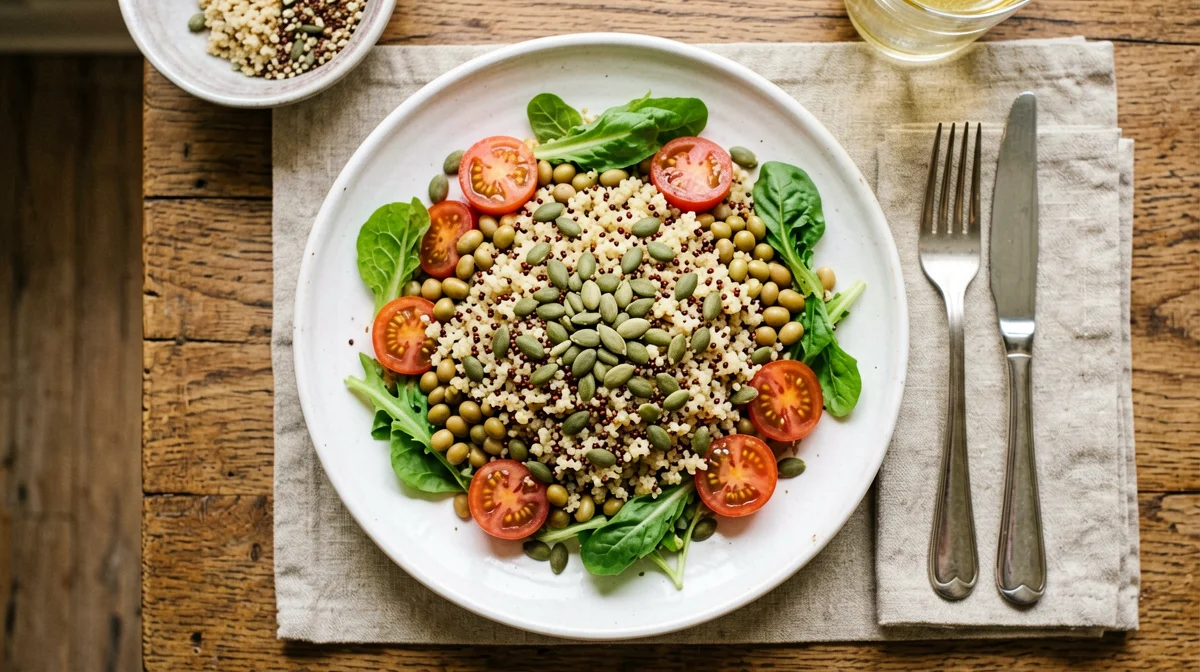 Warm quinoa salad with edamame, cherry tomatoes, rocket and pumpkin seeds