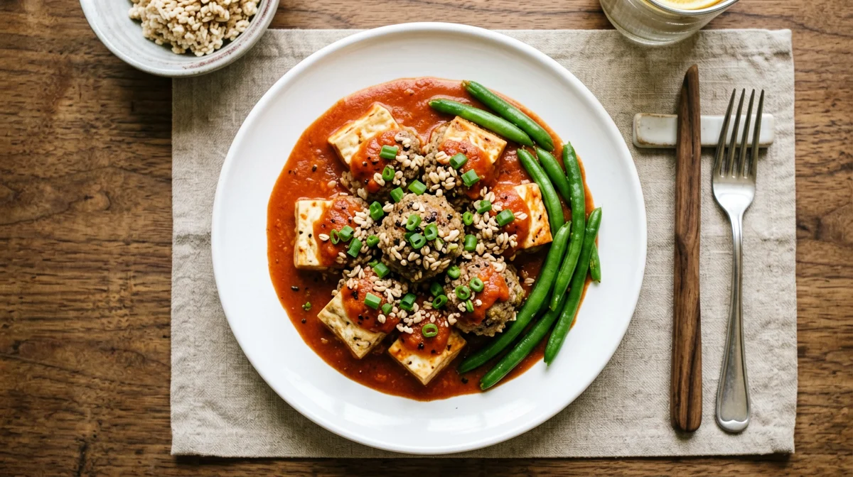 Polpette di tofu e avena al sugo di pomodoro con fagiolini