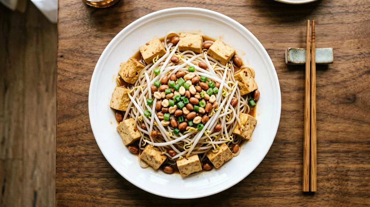 Stir-fried rice noodles with tofu, bean sprouts and peanuts