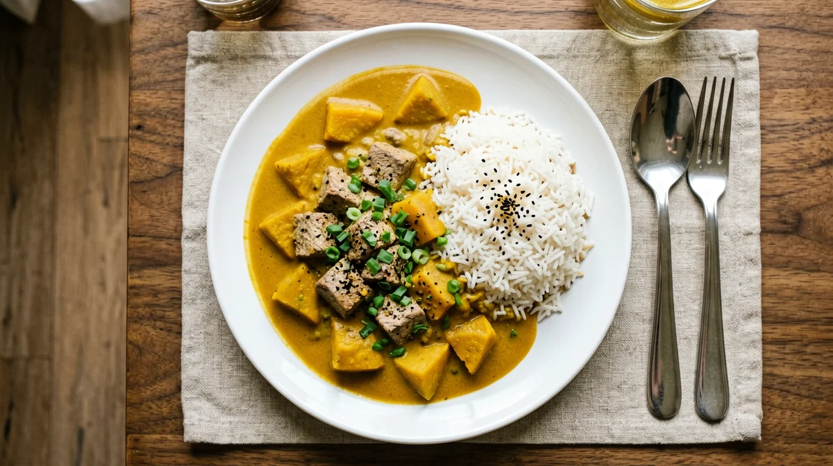 Tempeh and pumpkin coconut curry with basmati rice