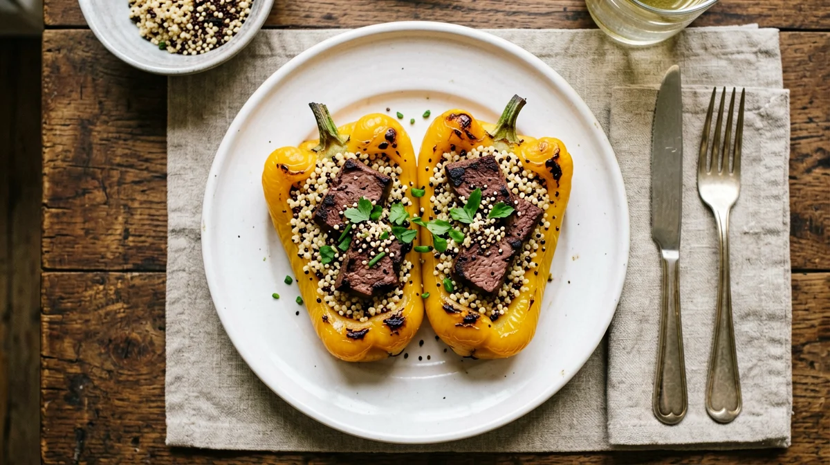 Baked peppers stuffed with quinoa and smoked tofu