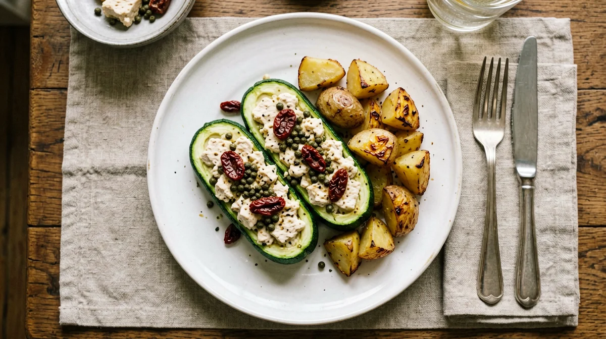 Courgettes stuffed with tofu, sun-dried tomatoes and capers with roast potatoes