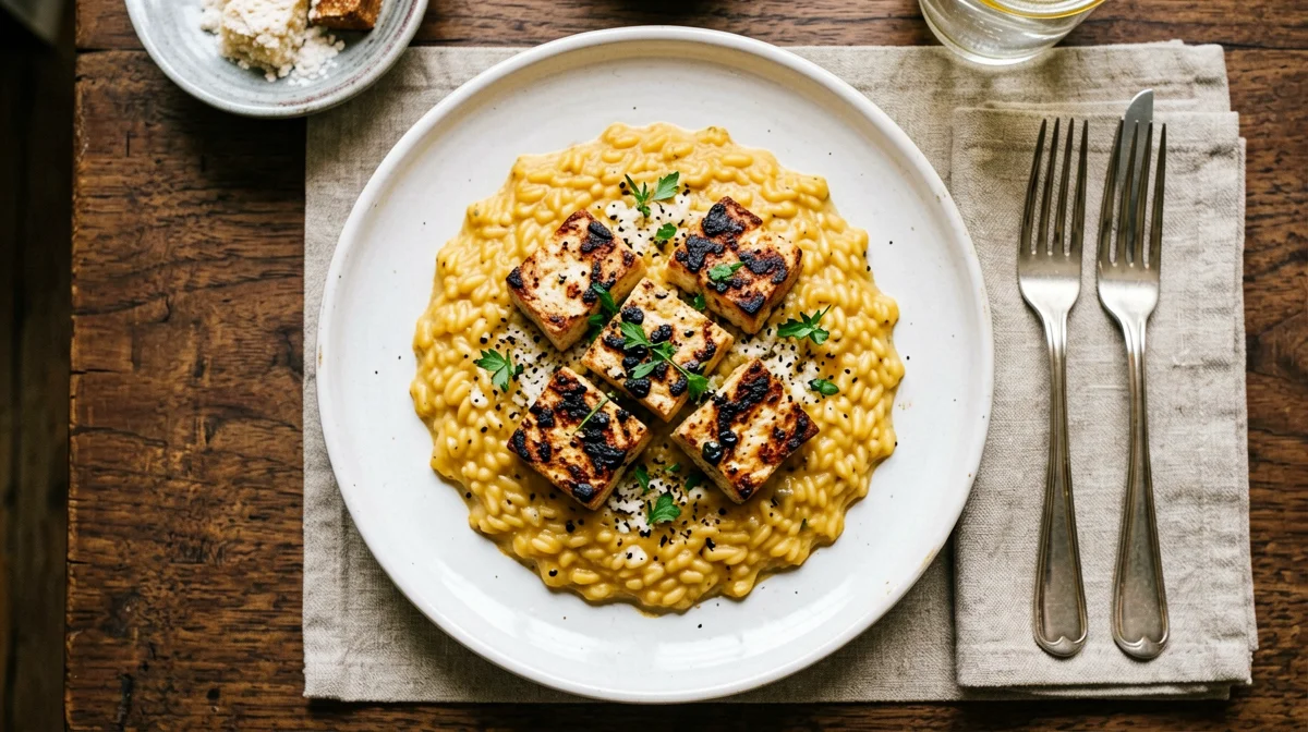 Risotto allo zafferano con tofu affumicato croccante
