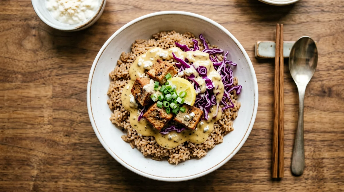 Bowl di riso integrale con tempeh, cavolo rosso e salsa tahina al limone