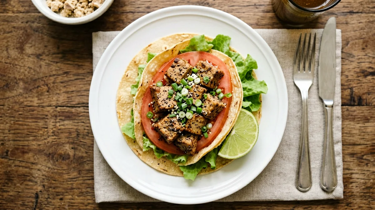 Corn tacos with spiced tofu, tomato, lettuce and lime