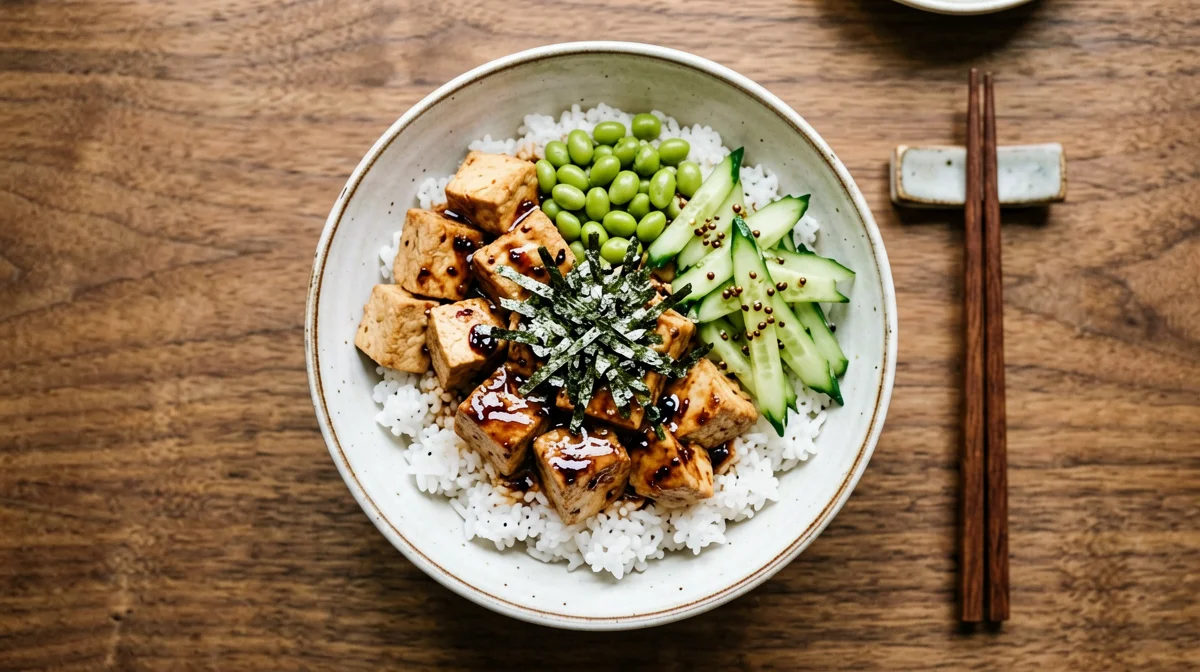 Poke bowl con riso per sushi, tofu marinato, edamame, cetriolo e nori