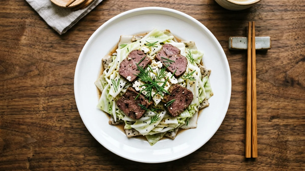 Buckwheat with seitan, white cabbage and caraway