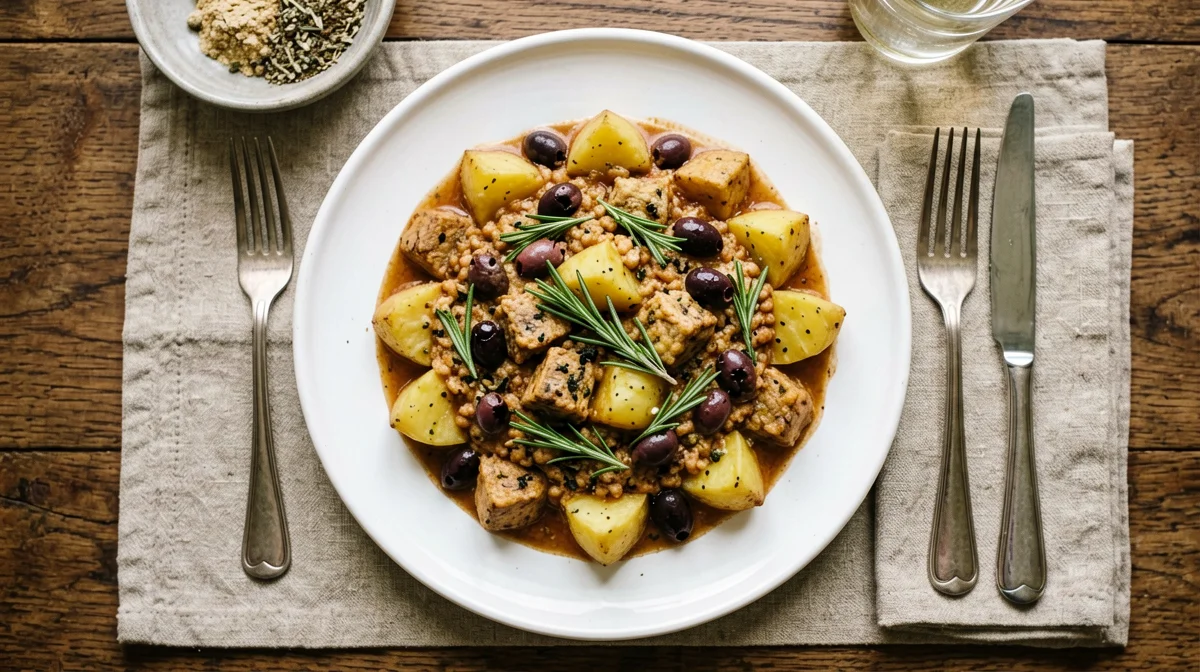 Tempeh alla cacciatora con olive, rosmarino e patate