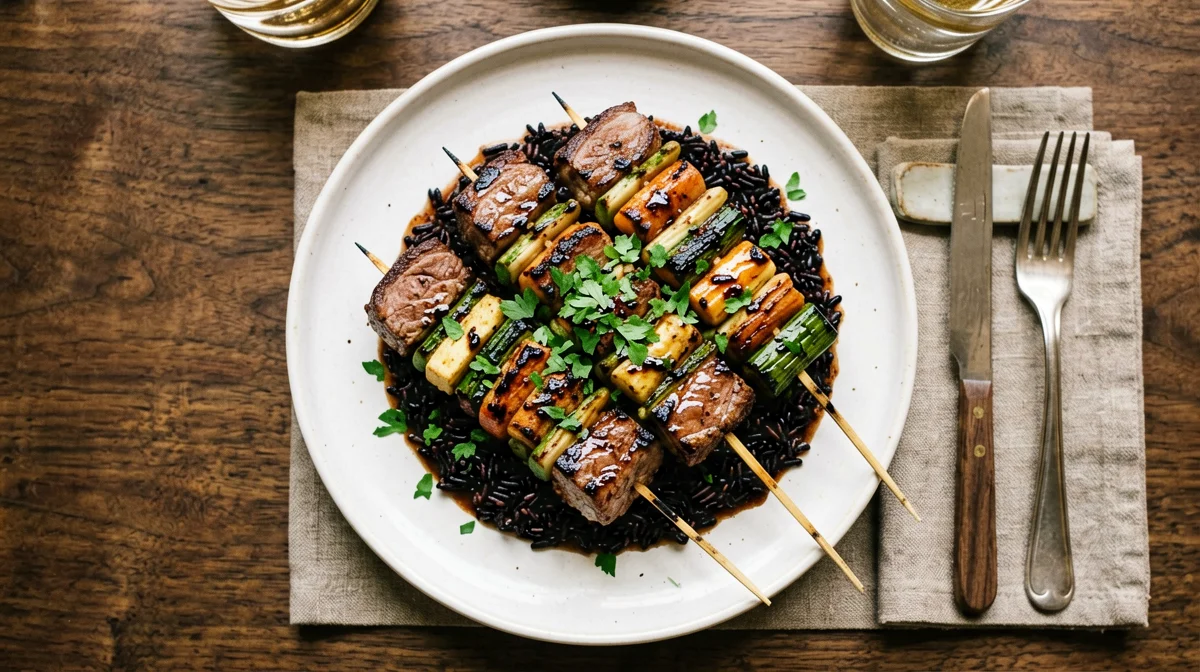 Grilled seitan and vegetable skewers with black rice and parsley sauce