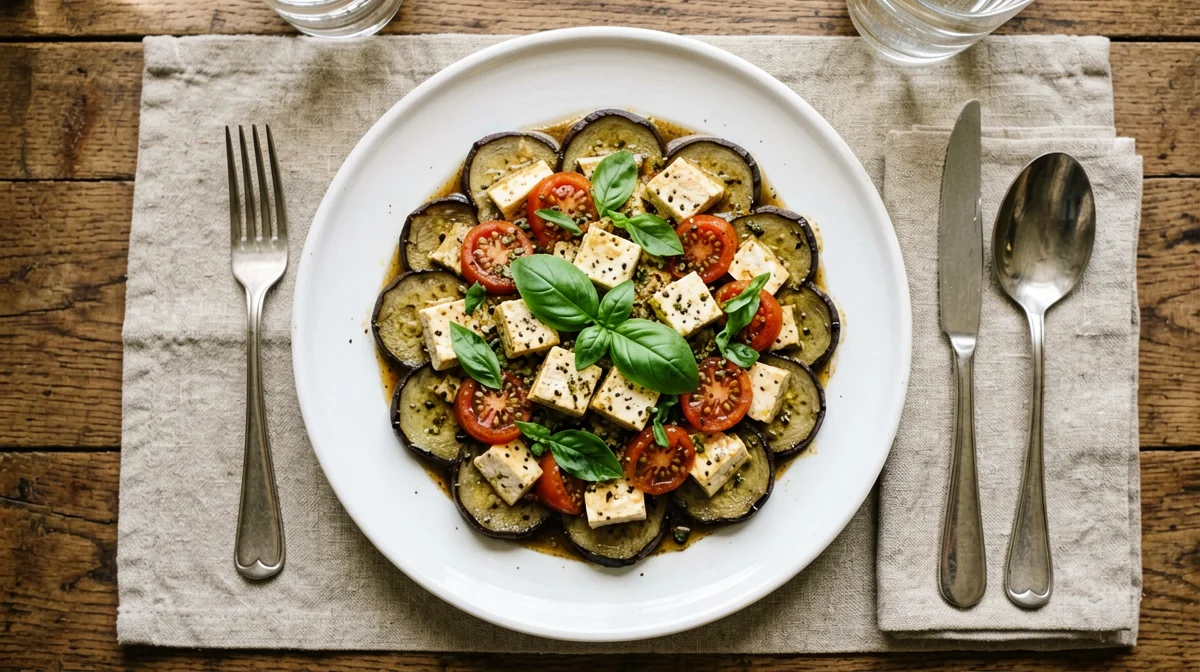 Aubergine parmigiana with tofu, tomato and basil