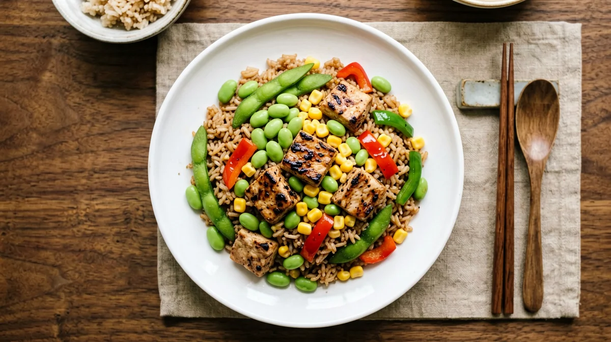 Insalata di riso integrale con edamame, tofu affumicato, mais e peperoni