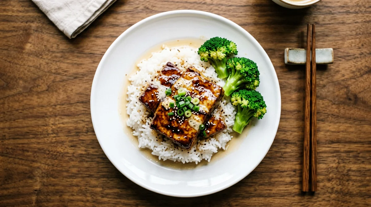 Teriyaki-glazed tempeh with rice and broccoli