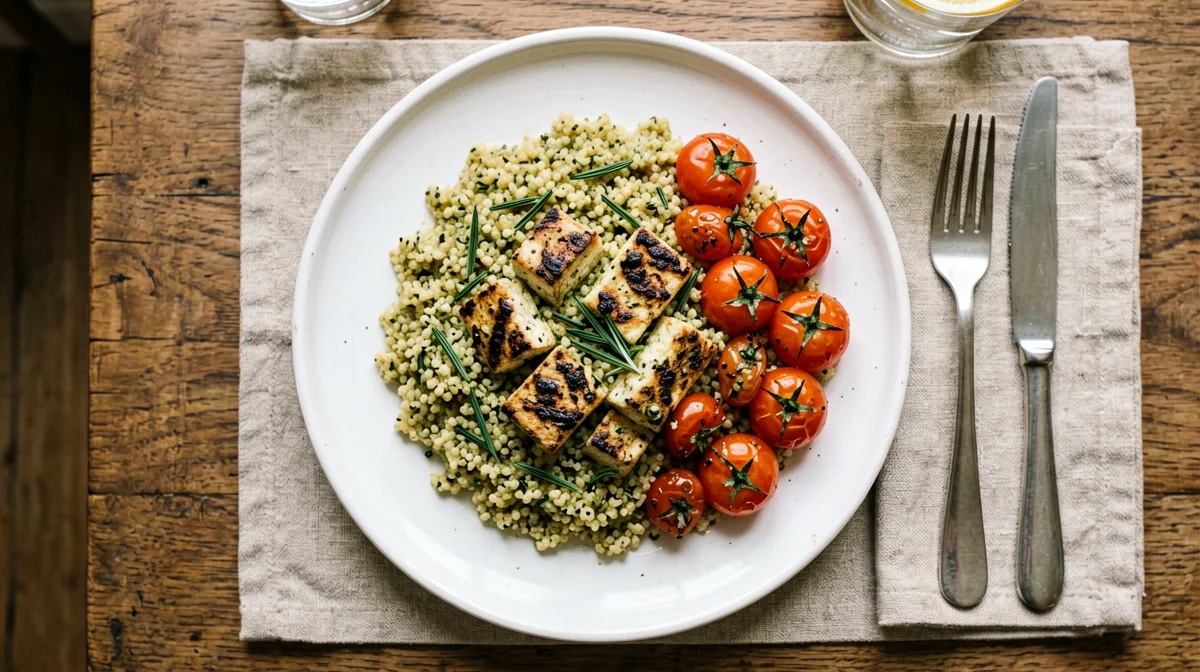 Basil and pine nut pesto quinoa with grilled tofu and cherry tomatoes