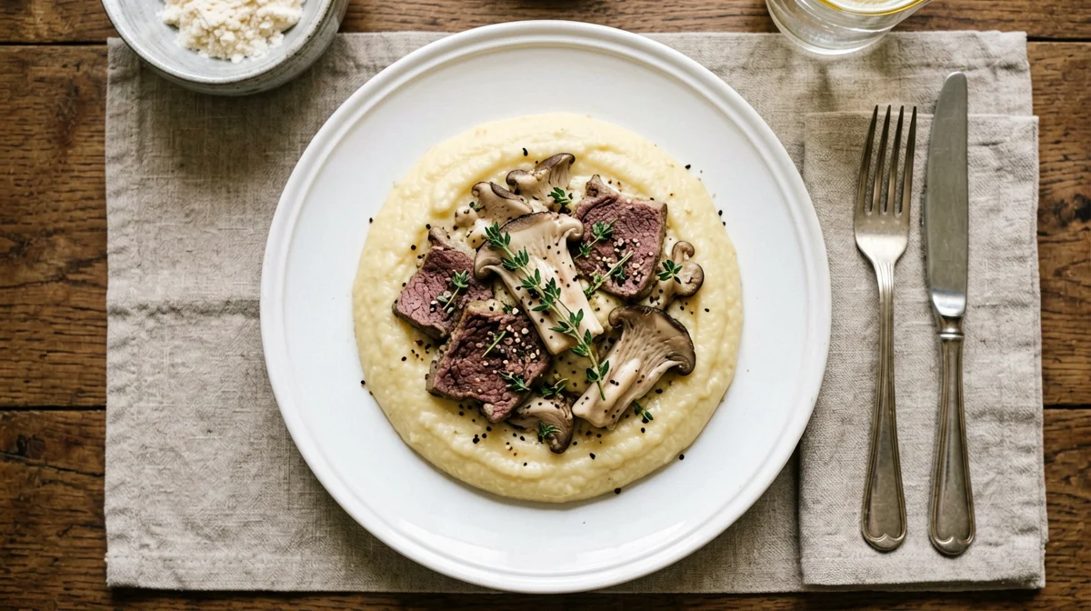 Polenta morbida con seitan e funghi pleurotus al timo